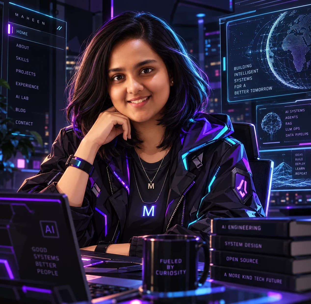 Illustrated portrait of Maheen Hamid in an AI workspace